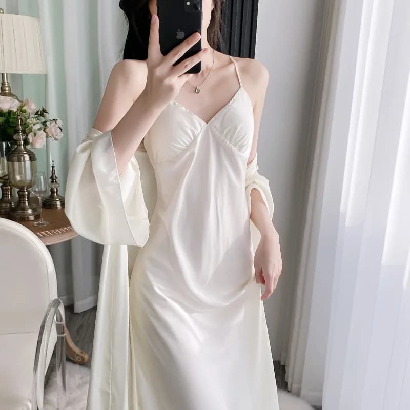 White Ice Silk Bride Wedding Robe Nightgown Sexy Lingerie Women Spaghetti Strap Nightdress Homewear Loose Bathrobe Loungewear