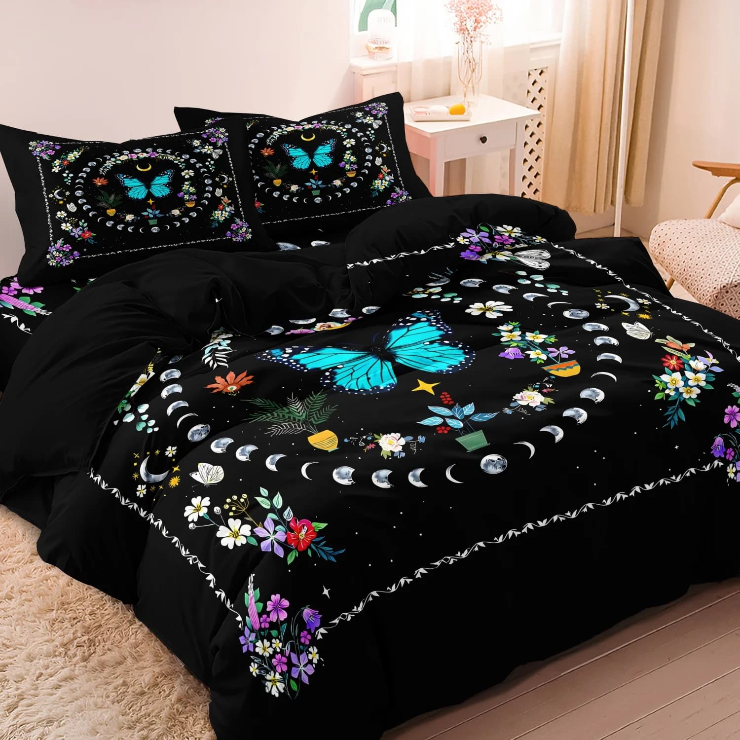 Set of bed linen with star and moon design, 3 pieces, headdress with digital blue butterflies print and green plants