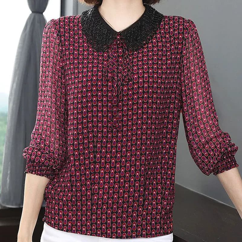 Abbigliamento femminile camicia stampata Vintage elegante perline colletto Peter Pan primavera autunno fasciatura Casual manica lunga camicetta arricciata
