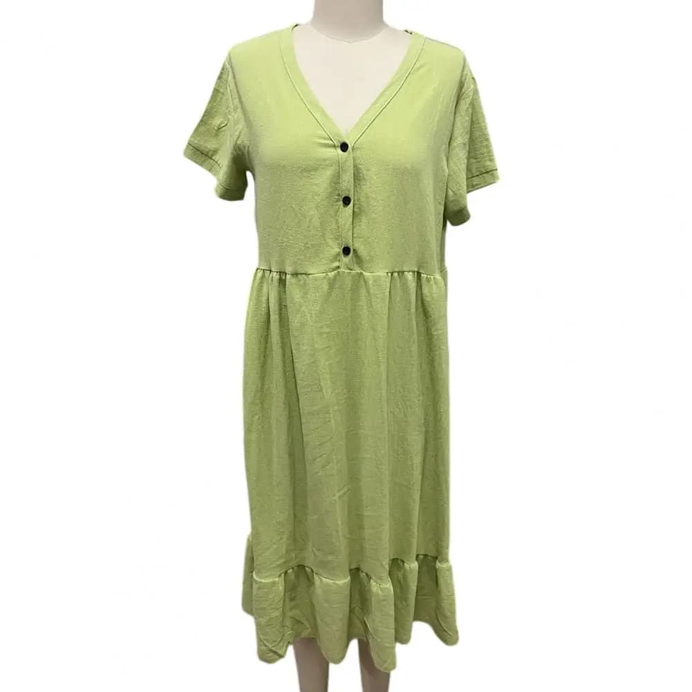 Abito Estivo da Donna con Bottoni Frontali, Scollo a V, Maniche Corte, Vestito Midi Fluido e Morbido, Linea ad A, Elegante per la Spiaggia