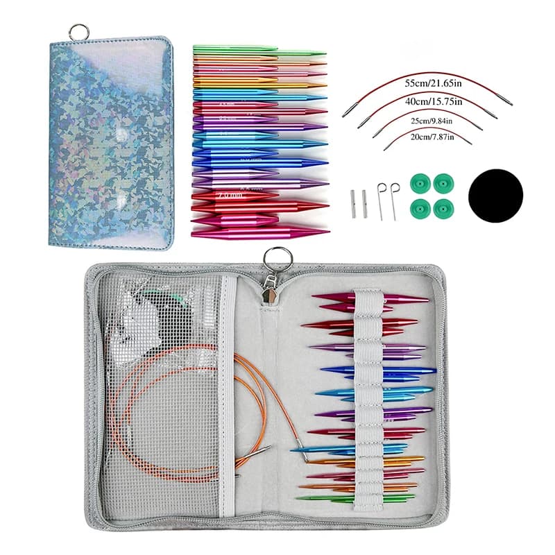 Un set di 37 pezzi di strumenti per maglieria di lusso accessibili, aghi per maglione, collare circolare con maniche rimovibili in allumina colorata Nee
