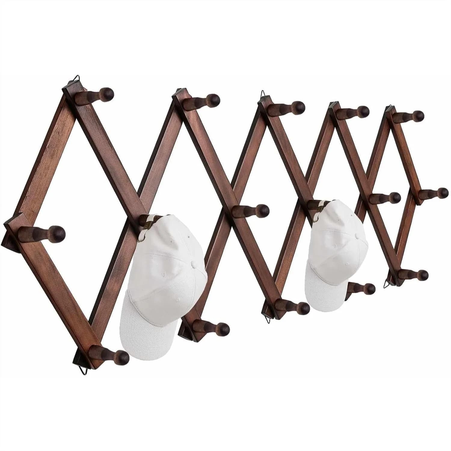 Expandable Wall Hat Rack with 16 Hooks for Baseball Caps, Coats, and Bags, Wooden Organizer for Entryway