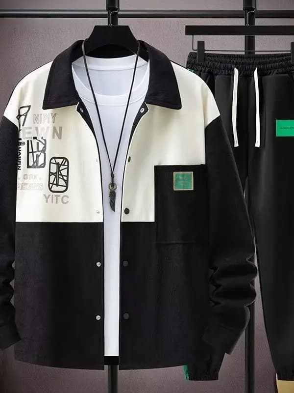 Black Corduroy Shirt And Jacket Set for Men Autumn Winter Casual Sportswear Teenage Boys High Premium Cool Style Long Sleeve ...