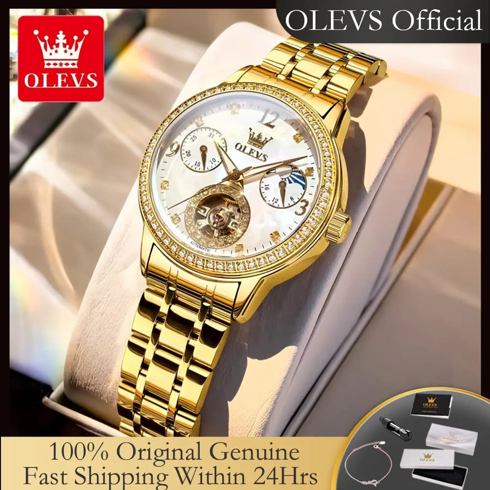 OLEVS 6750 Orologio Automatico da Donna in Acciaio Inossidabile con Fasi Lunari, Cronografo di Lusso con Lunetta Diamantata, Orologio da Polso Meccanico da Donna