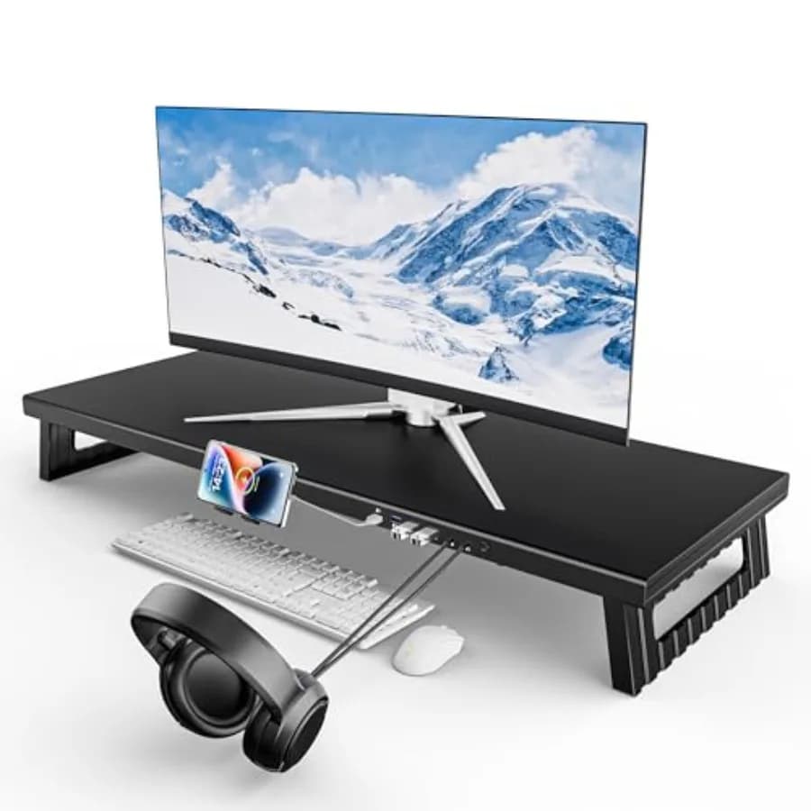 Supporto per Monitor Pieghevole Interamente in Metallo, Larghezza 28cm, con Jack per Cuffie e Microfono, Supporto Telefono Staccabile, Hub USB, Ricarica Rapida