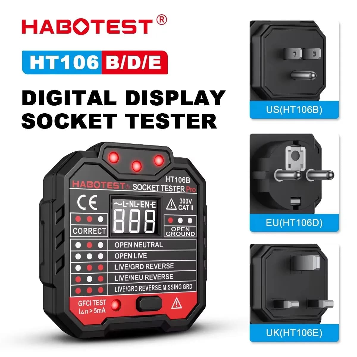 HT106 Digital Prese Tester Pro Voltage 30mA RCD Test Intelligent Detector EU US UK Plug Earth Zero Line Polarity Control Phase