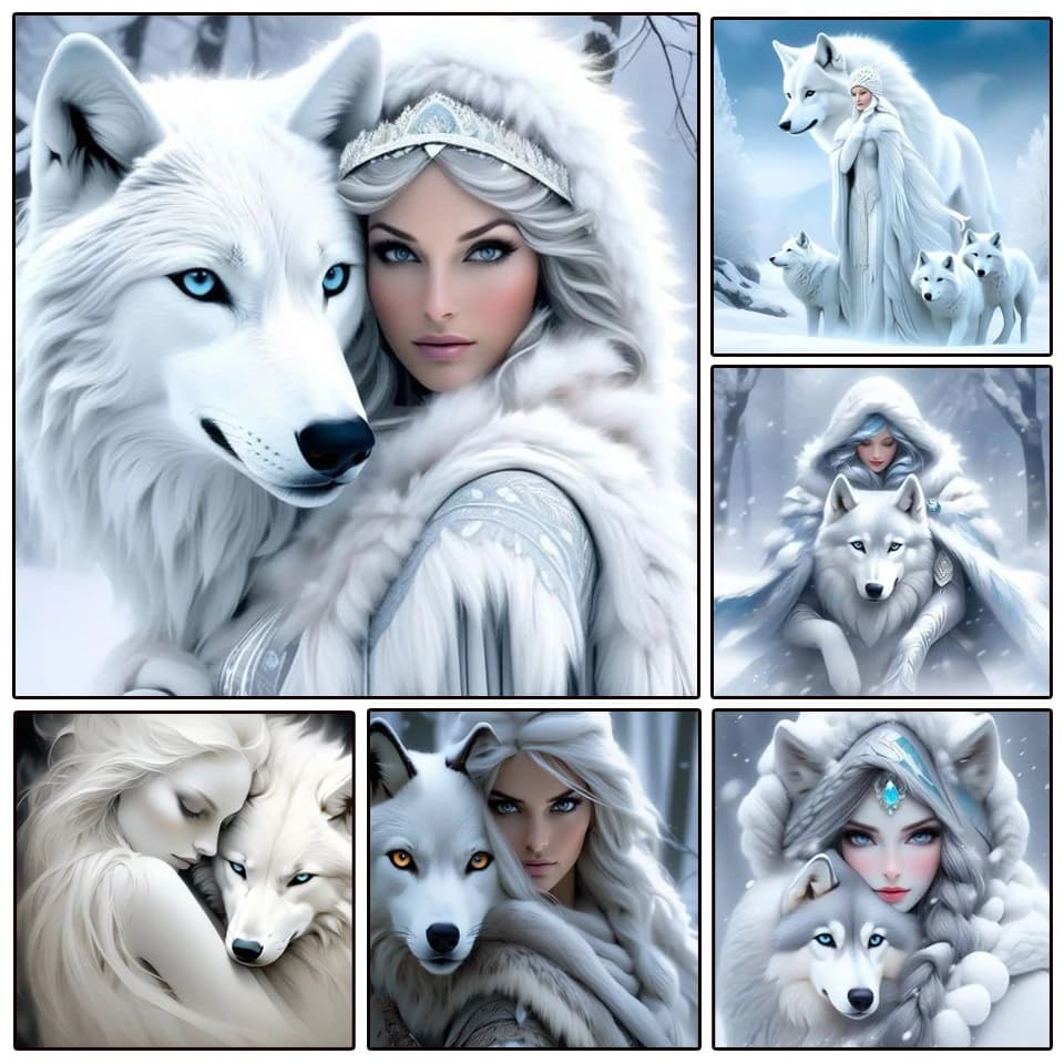 Kit Pittura Diamante 5D Fai da Te, Ricamo a Punto Croce Donna e Lupo Bianco, Set Mosaico con Diamanti Quadrati Completi, Artigianato per Decorazione Casa e Regalo