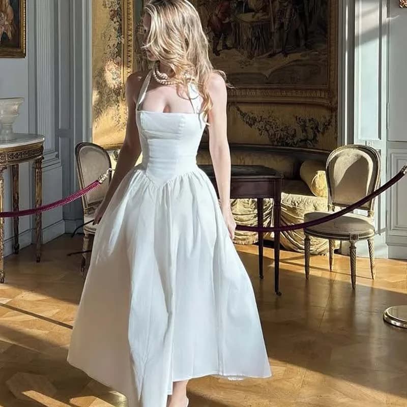 Backless Mesh Patchwork Halter Dress For Women Lace Up Back White Black Elegant Party Dresses A-line Midi Long Robe