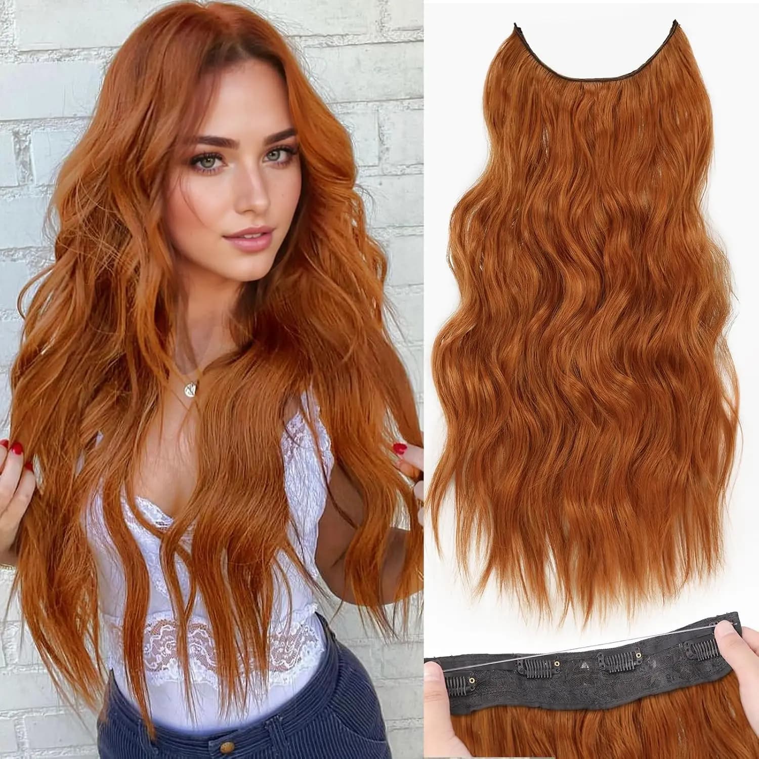 Estensioni dei capelli sintetici con filo invisibile Lunghi 4 clip in parrucchino riccio ondulato per le donne Estensioni dei capelli con linea di pesce segreta da 20 pollici