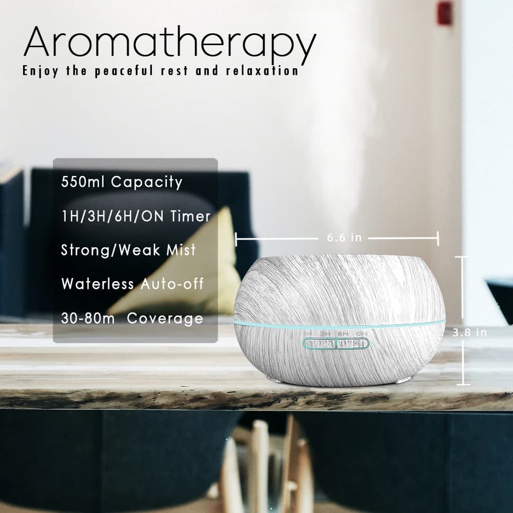 Diffusore di oli essenziali con venature del legno telecomandate - 550 ml, 7 colori LED, 6 oli inclusi