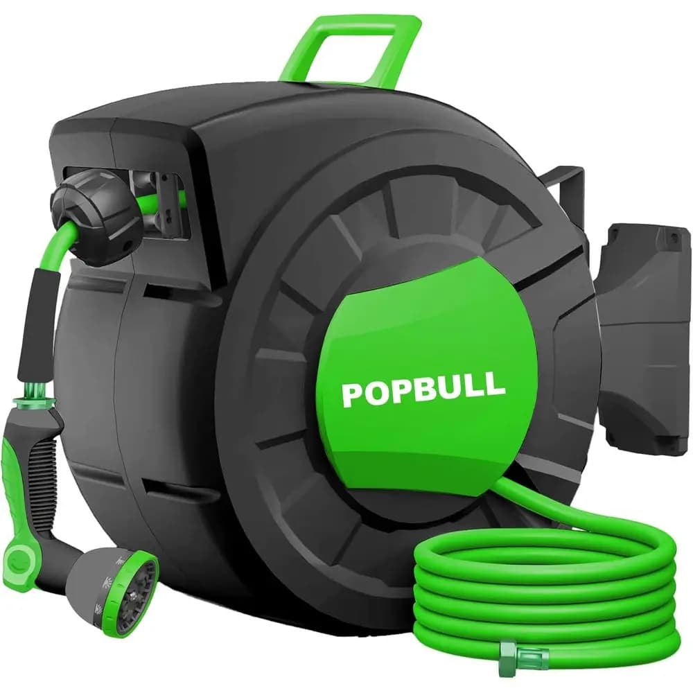 Retractable garden wrapper, 1/2 inch wall hose x 100 feet (green), with 12 function spray nozzle, any block length/Sl