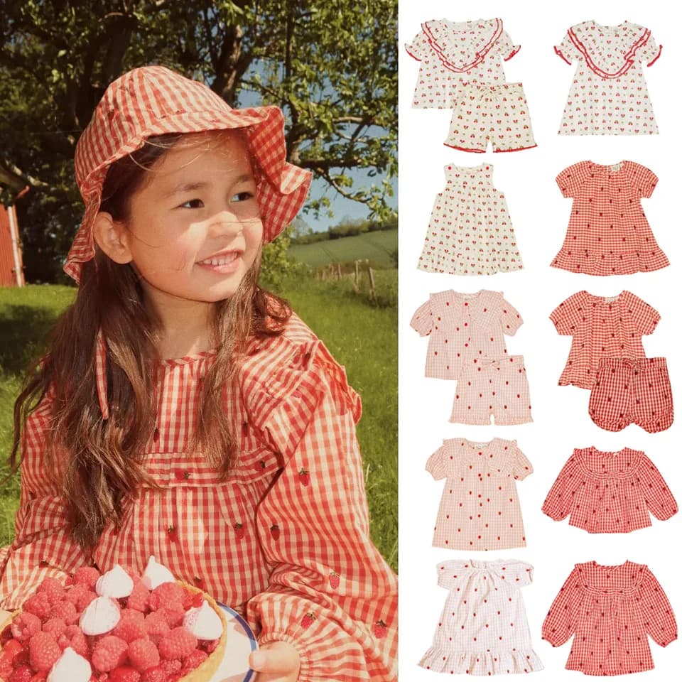 Summer Completion 2026 Floess for Girls: Cotton dress with Strawberry print, T-Shirt to Sleeves Court to Squares and Shorts - Children's clothing