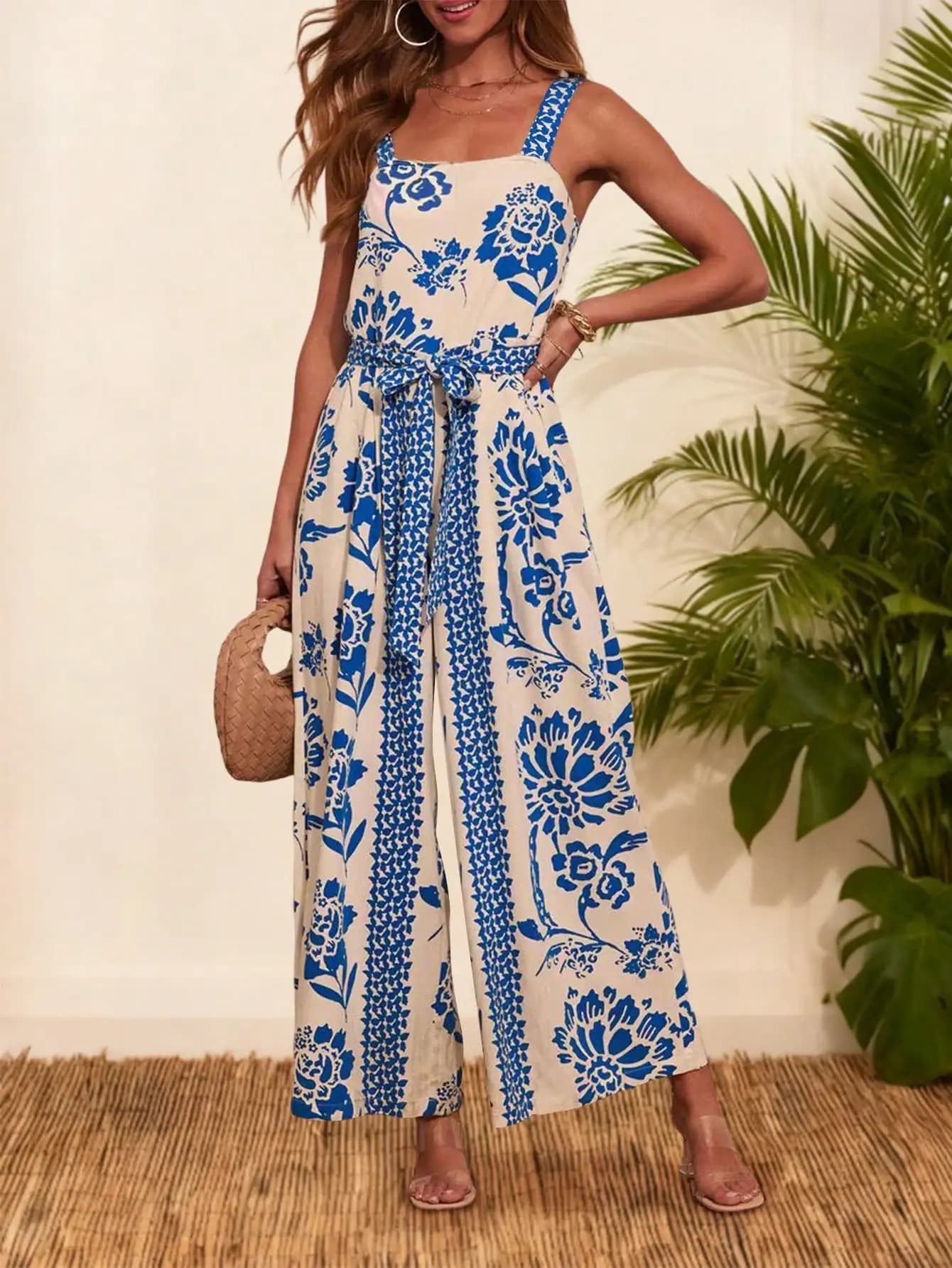 Women's Boho Blue Floral Print Jumpsuit - Sleeveless Spaghetti Strap Belted Wide Leg Jumpsuit for Beach Vacation & Summer Casual