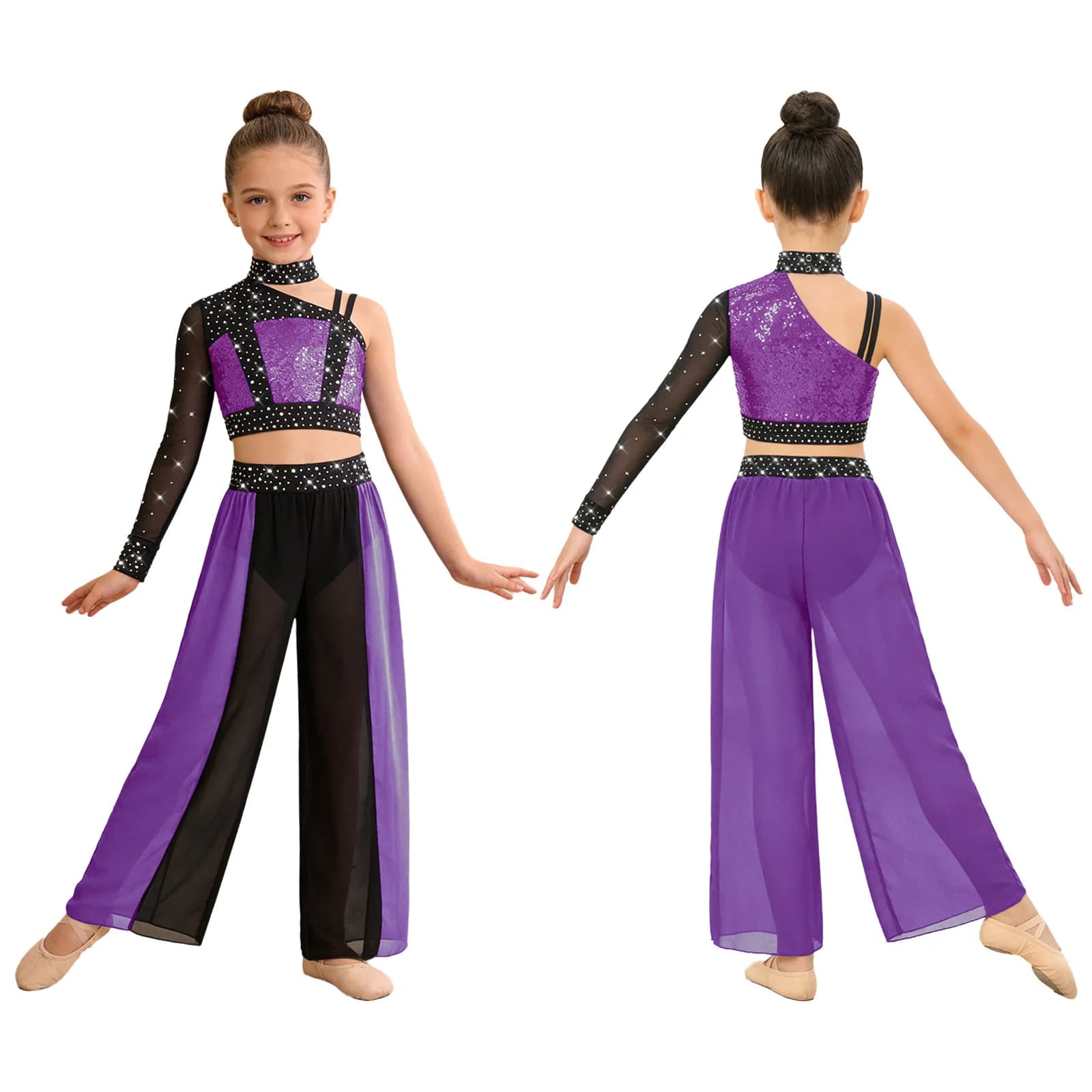 Costume da Danza Lirica Moderna per Ragazze, Abbigliamento per Pattinaggio Artistico, Ginnastica e Acrobazie, Top Corto con Pantaloni in Chiffon a Fessura