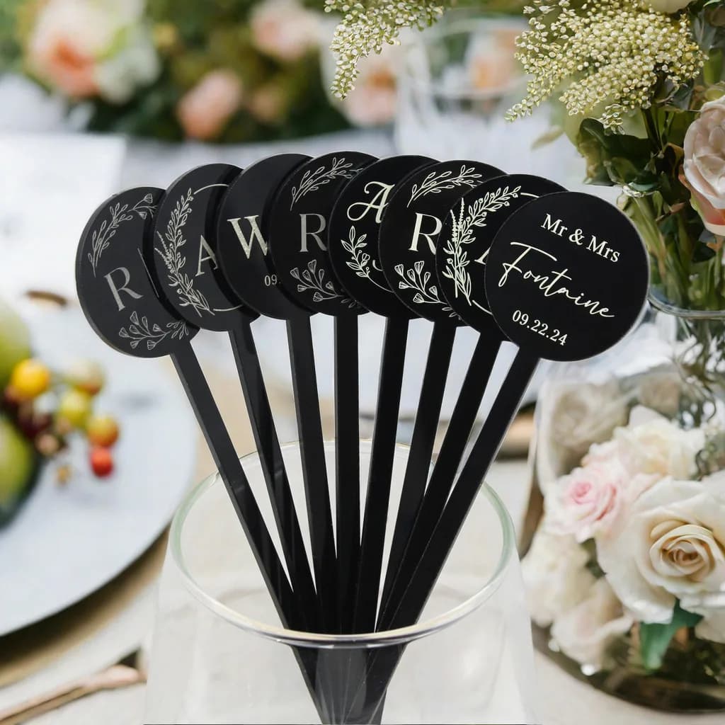 Bastoncini per agitatori per bevande in acrilico personalizzati, decorazioni per swizzle di compleanno, agitatori per cocktail personalizzati con logo per matrimonio, decorazioni per la tavola di nozze
