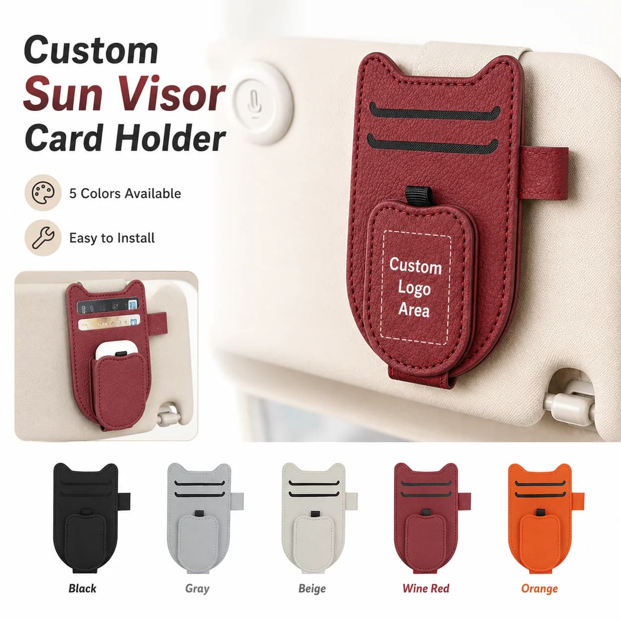 Custom Logo Sun Visor Card Holder, PU Leather Car Organizer, Secure Storage for ID Cards & Tickets, Custom Text Sunglasses Clip