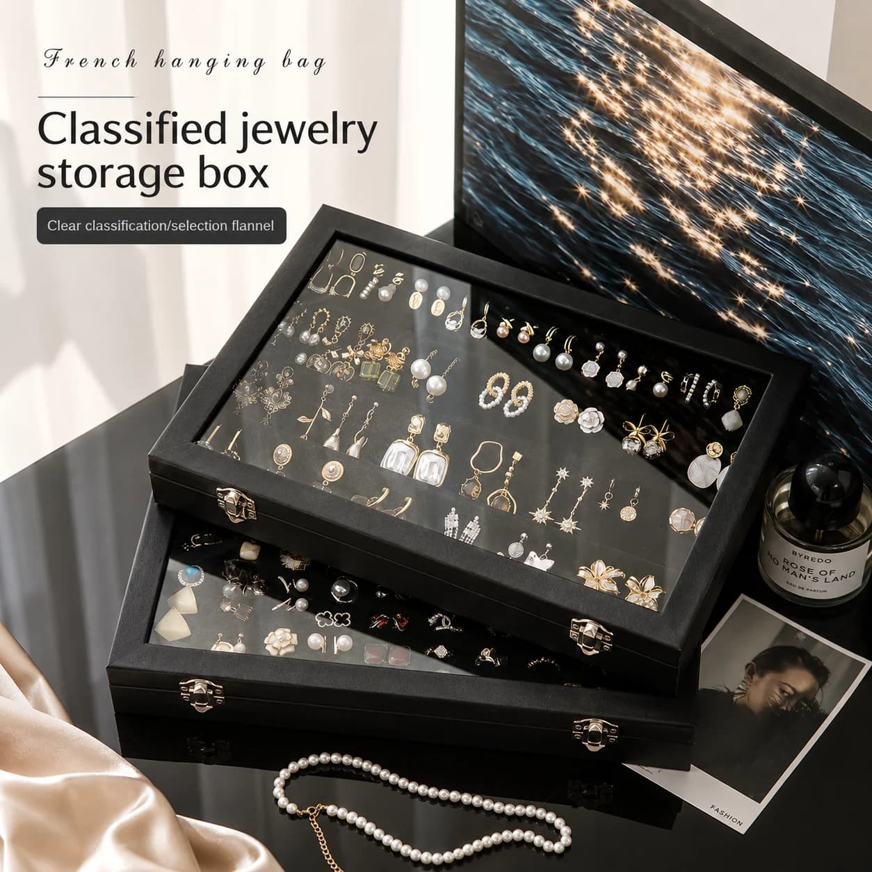 Stylish Black Jewelry Storage Box for Earrings, Necklaces, Rings, Bracelets and Other Accessories with Transparent Glass Cover