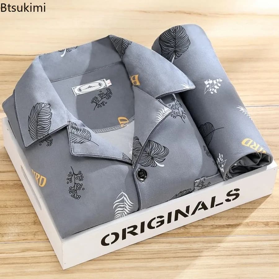 Pigiama da Uomo 2026 a Maniche Lunghe, Set 2 Pezzi Primavera/Autunno, Cardigan Stampato e Pantaloni, Abbigliamento da Notte e Loungewear