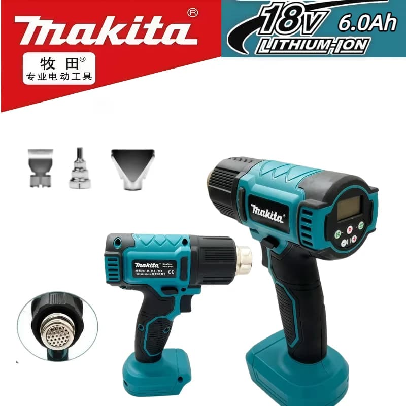 Pistola ad Aria Calda Elettrica Makita 18V/20V con Display Digitale, Senza Fili, 2 Ugelli, per Imballaggio Industriale