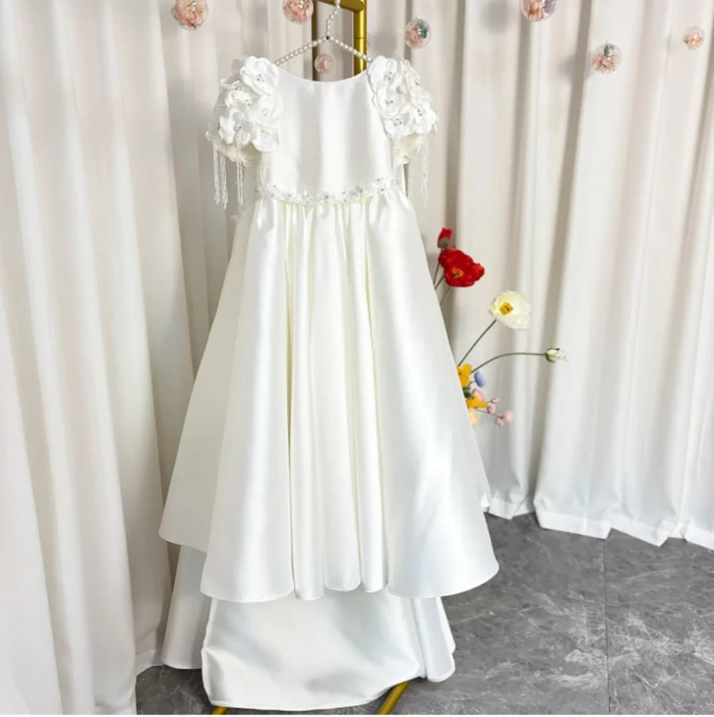 Abito da ragazza di fiore bianco per matrimonio in raso di cristallo con mantello per bambini Abiti da principessa per matrimonio, prima comunione, festa di compleanno