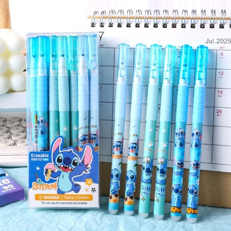 12 Pz/scatola Lilo & Stitch Penna Gel Cancellabile Kawaii Anime 0.5mm Inchiostro Blu con Guaina di Gomma Morbida Penne Firma Regali di Cancelleria
