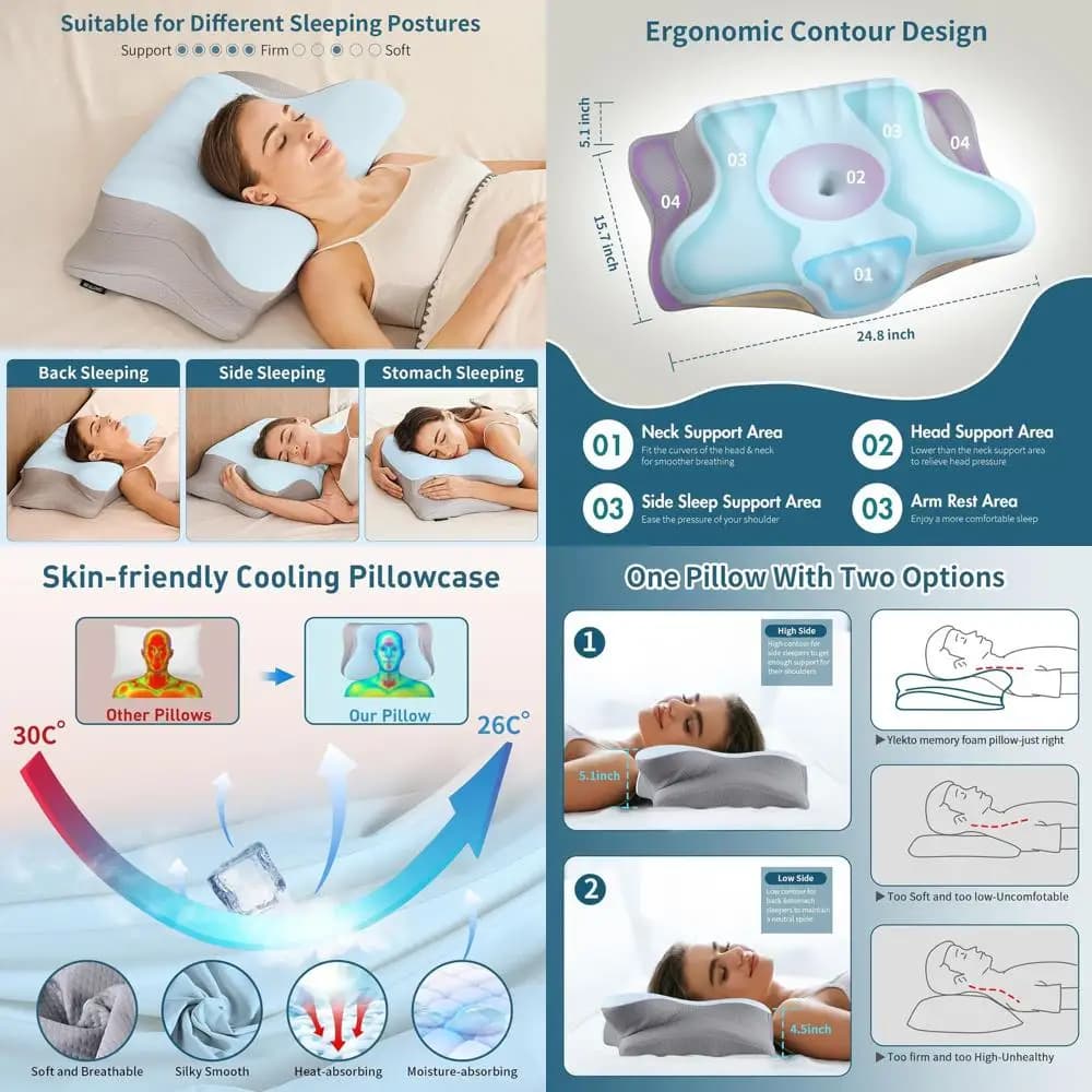 Memory Foam Ergonomic Cushion to Relieve Neck Pain, Cooling Support for Sided Sleeps, Sagomato Orthopedic Cushion for Optimal Comfort