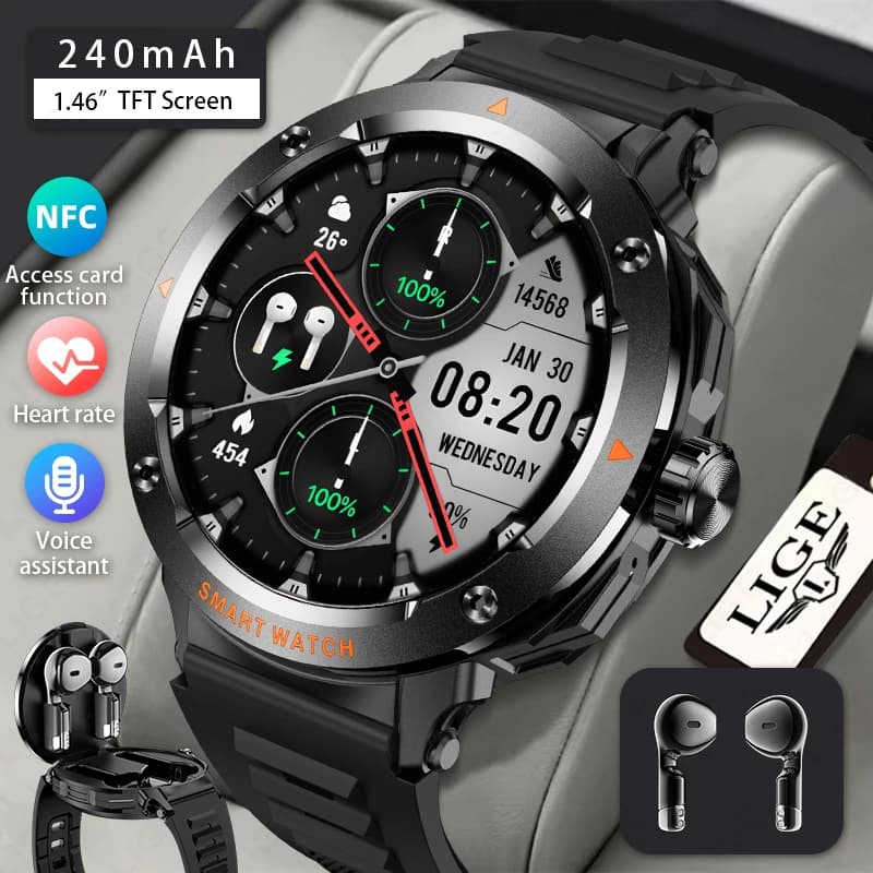 LIGE New NFC Smart Watch with TWS Headsets Sports Watch Blood Oxygen Heart Rate Fitness Tracker Bluetooth call Smartwatch for Men