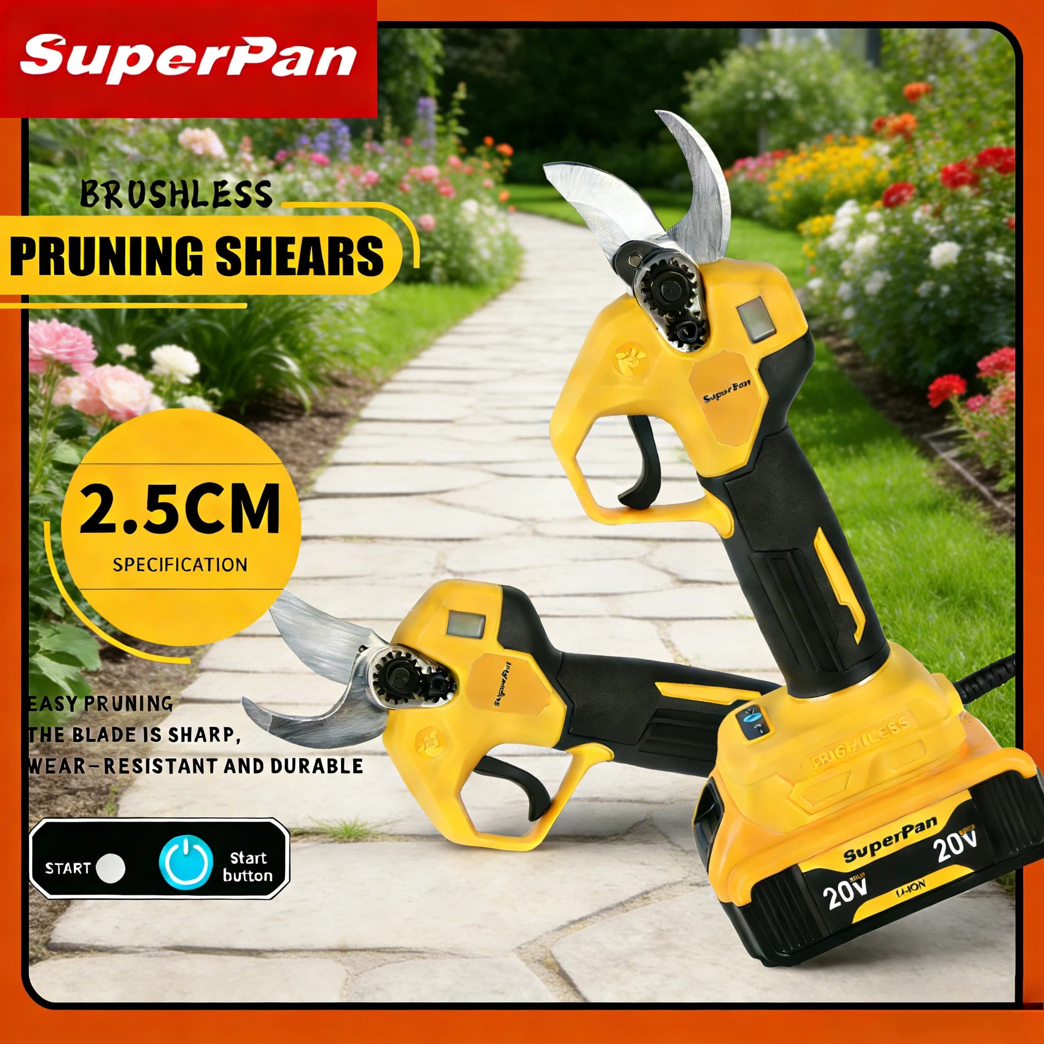 SuperPan battery pruning scissors with anti-slip handle, 120 cuts/min for tree pruning, compatible with DeWalt 20V battery.