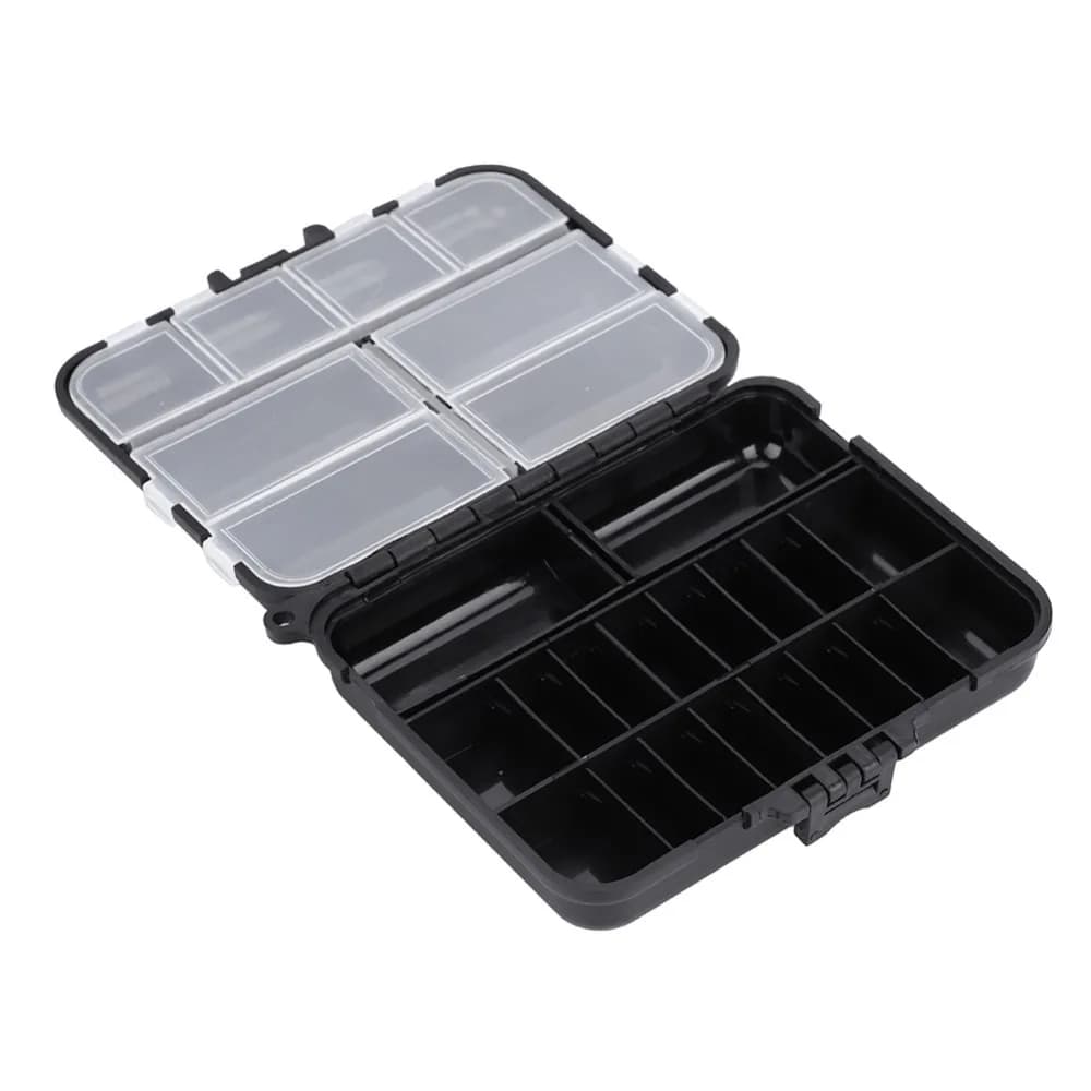 4 piece plastic fishing bait box, double-sided, with multiple compartments, hook case, light, black, fishing gear organizer