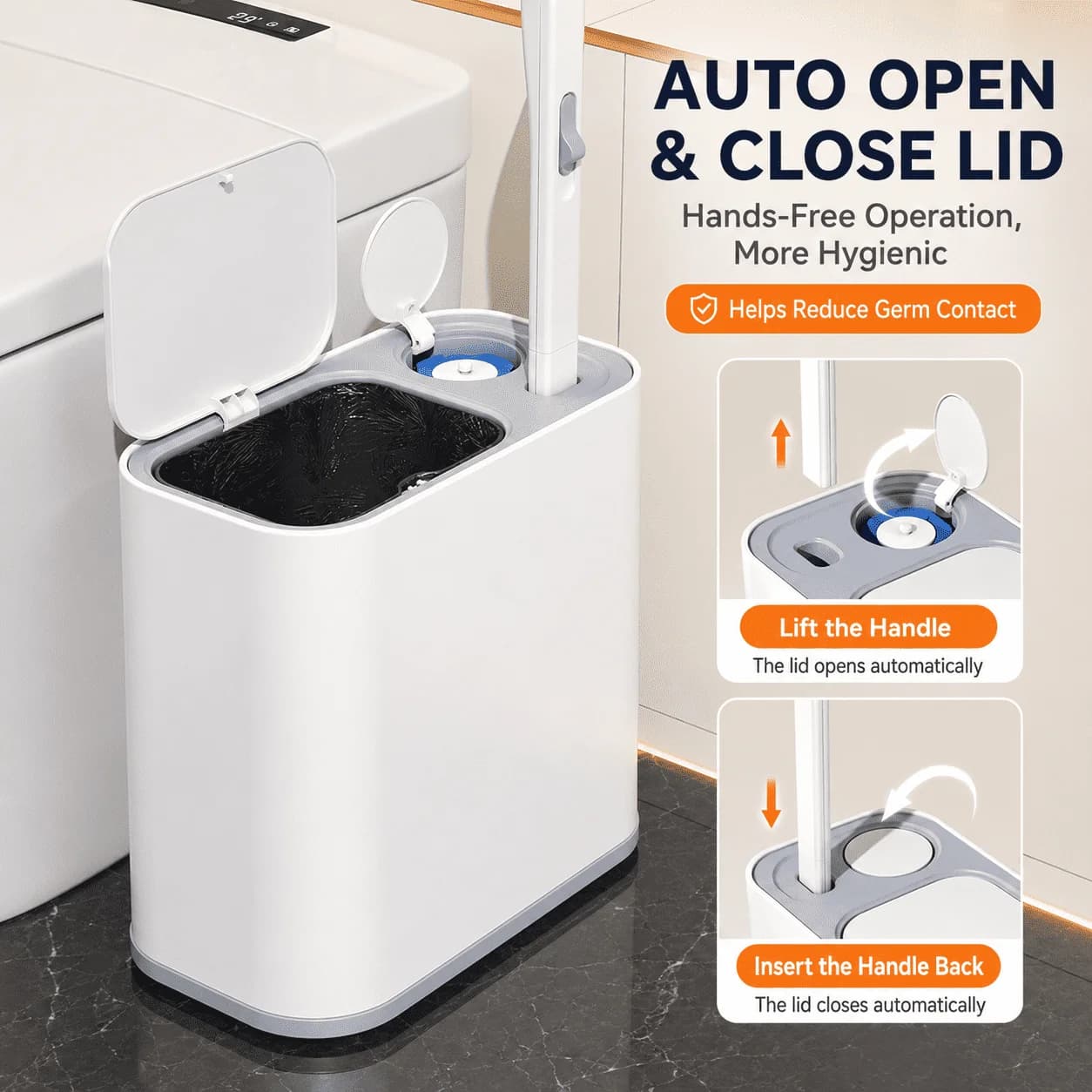 2-in-1 Toilet Brush and Trash Can with Lid, Disposable Brush Head Holder, Slim Bathroom Cleaning Bin, Space-Saving Design