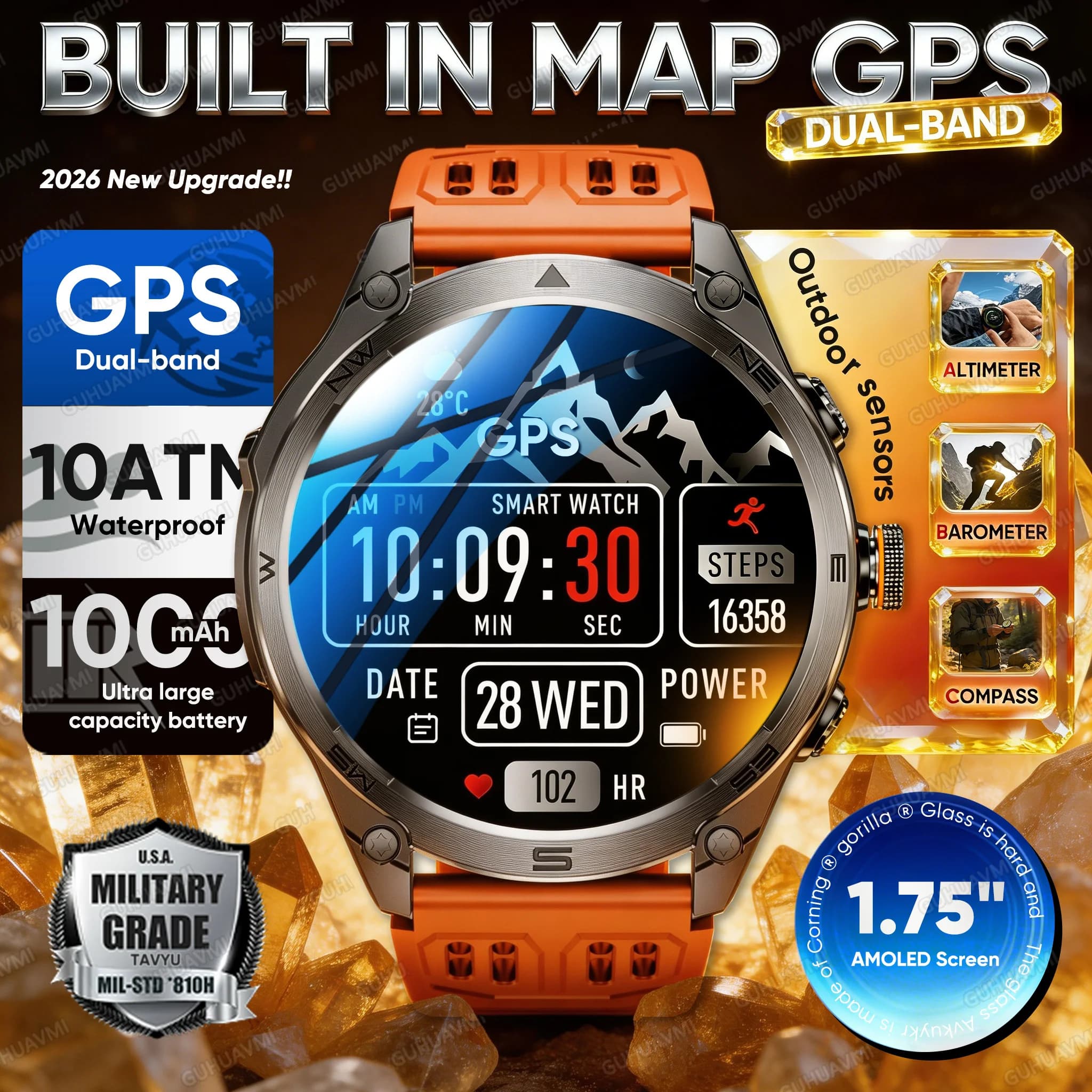Nuovo Smartwatch Militare Robusto 2026 con GPS Dual-Band, GNSS Integrato, Impermeabile 10ATM, Batteria da 1000mAh, Bussola e Altimetro