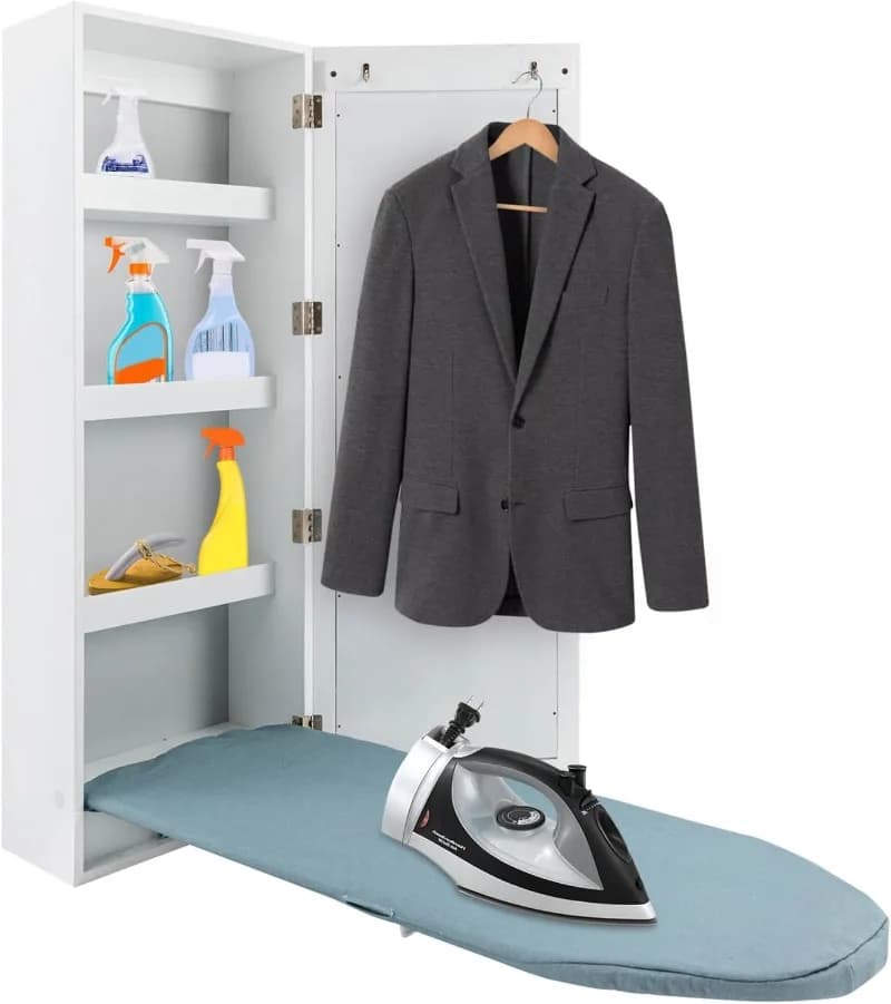Wall Mounted Ironing Board Cabinet Built-in 180°Swivel Foldable Iron Board with Storage+ Flat Panel Mirror Door White Ironing