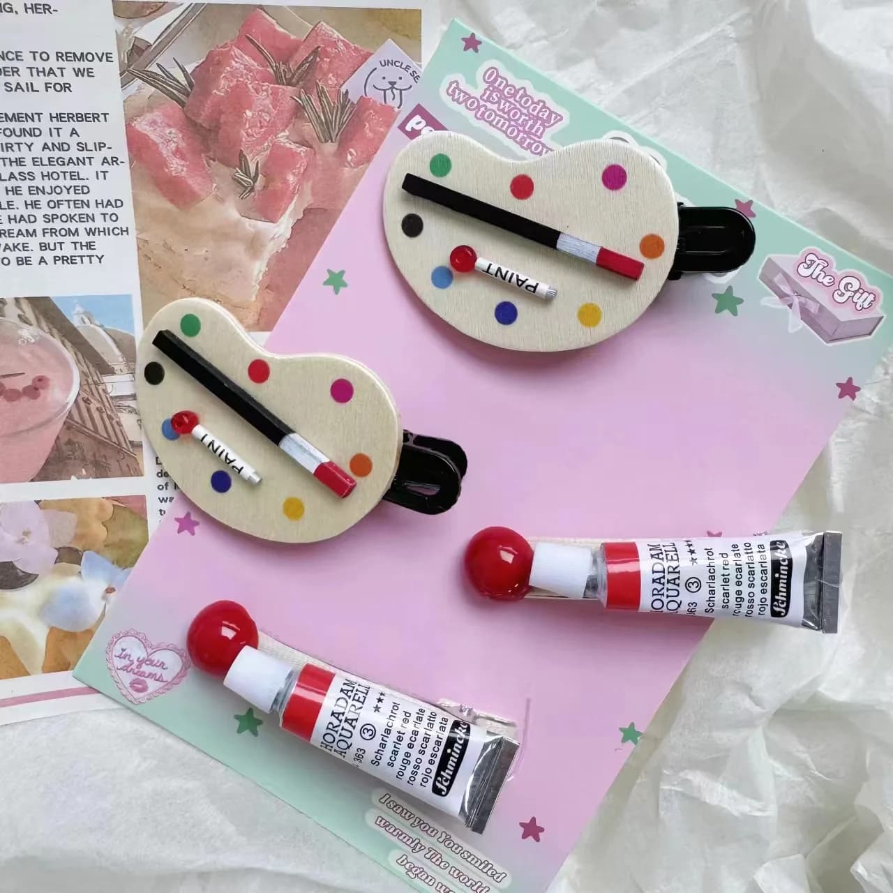 2 pezzi di tavolozza di pigmenti per acquerello artistico forcina carino Kawaii divertente donne ragazze clip a becco d'anatra moda coreana frangia clip per lo styling laterale