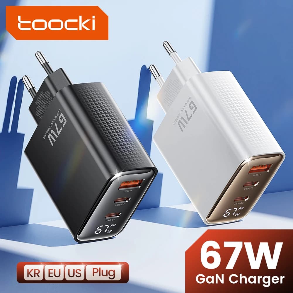 Toocki 67W GAN Caricatore con display digitale Ricarica rapida PD3.0 QC4.0 Adattatore da viaggio USB C per iPhone Samsung Xiaomi Realme Laptop