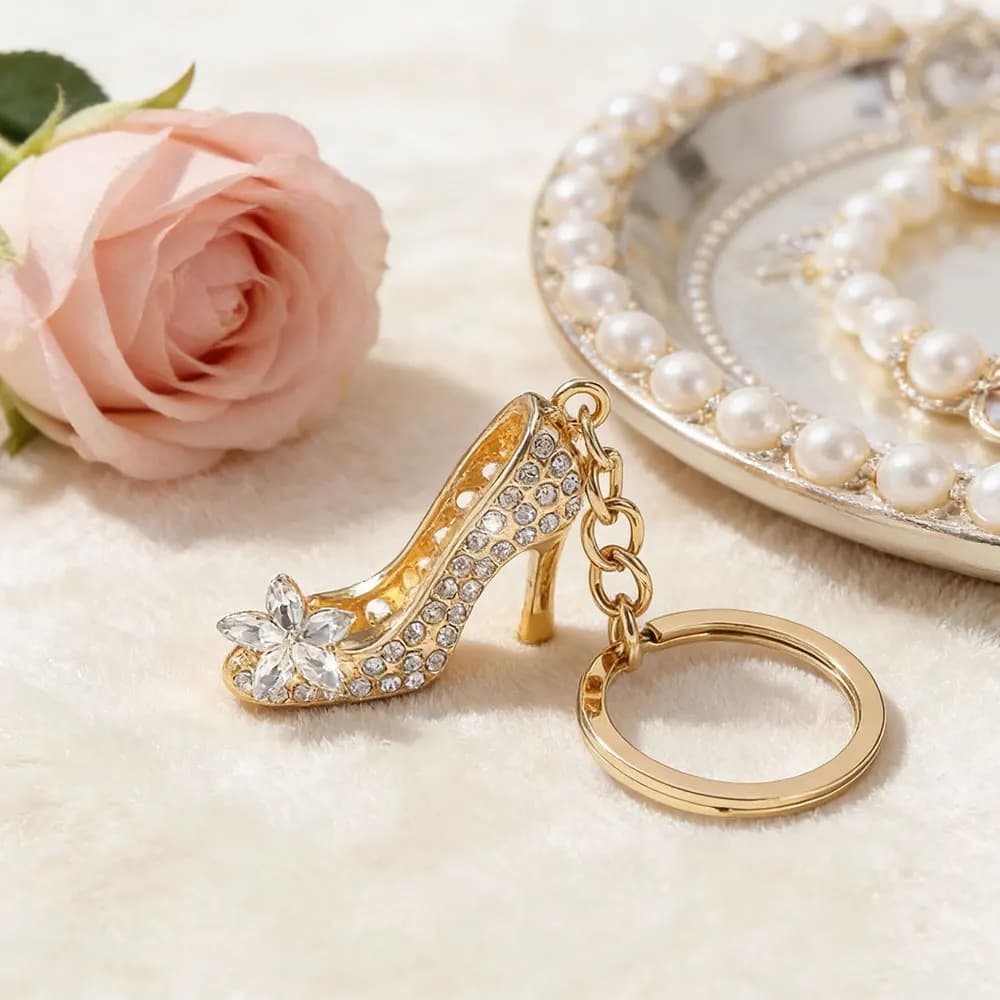 Shoe Shape Keyring with High Heel, 1 Piece, Transparent Glass with Rhinestones, Elegant Accessories for Bags and Backpacks