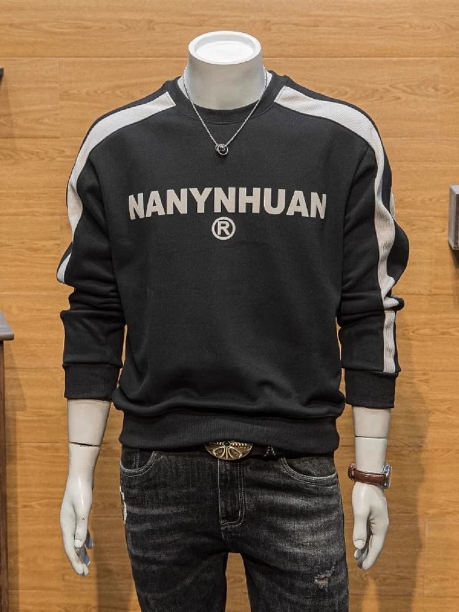 High-End Trendy Patchwork Hoodie Men's Fashion Brand Autumn Winter New Letter Print Long Sleeve Slim Fit round Neck T-Shirt