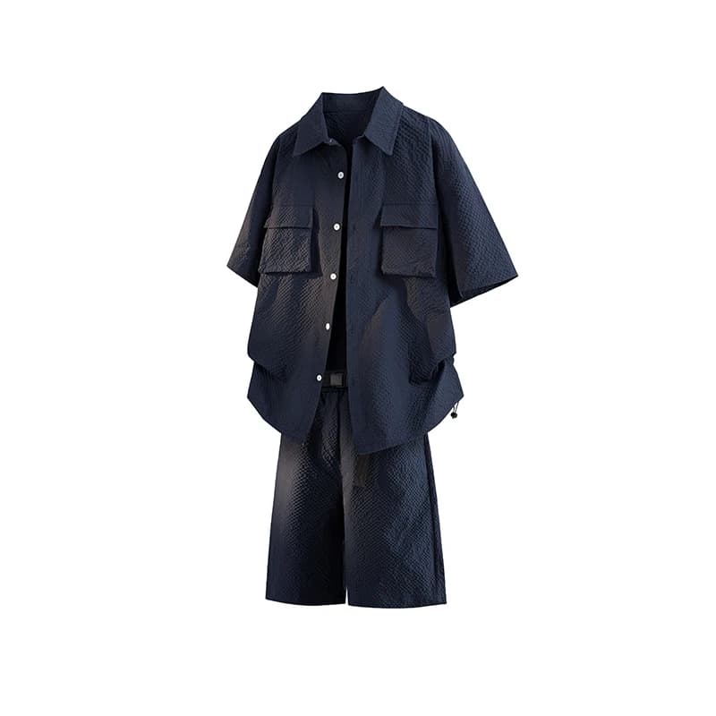 2026 Seersucker Lapel Shirt Ice Silk Shorts Two-piece For Men's Summer Thin Short-sleeved Loose Casual Sports Suit Set Own Belt