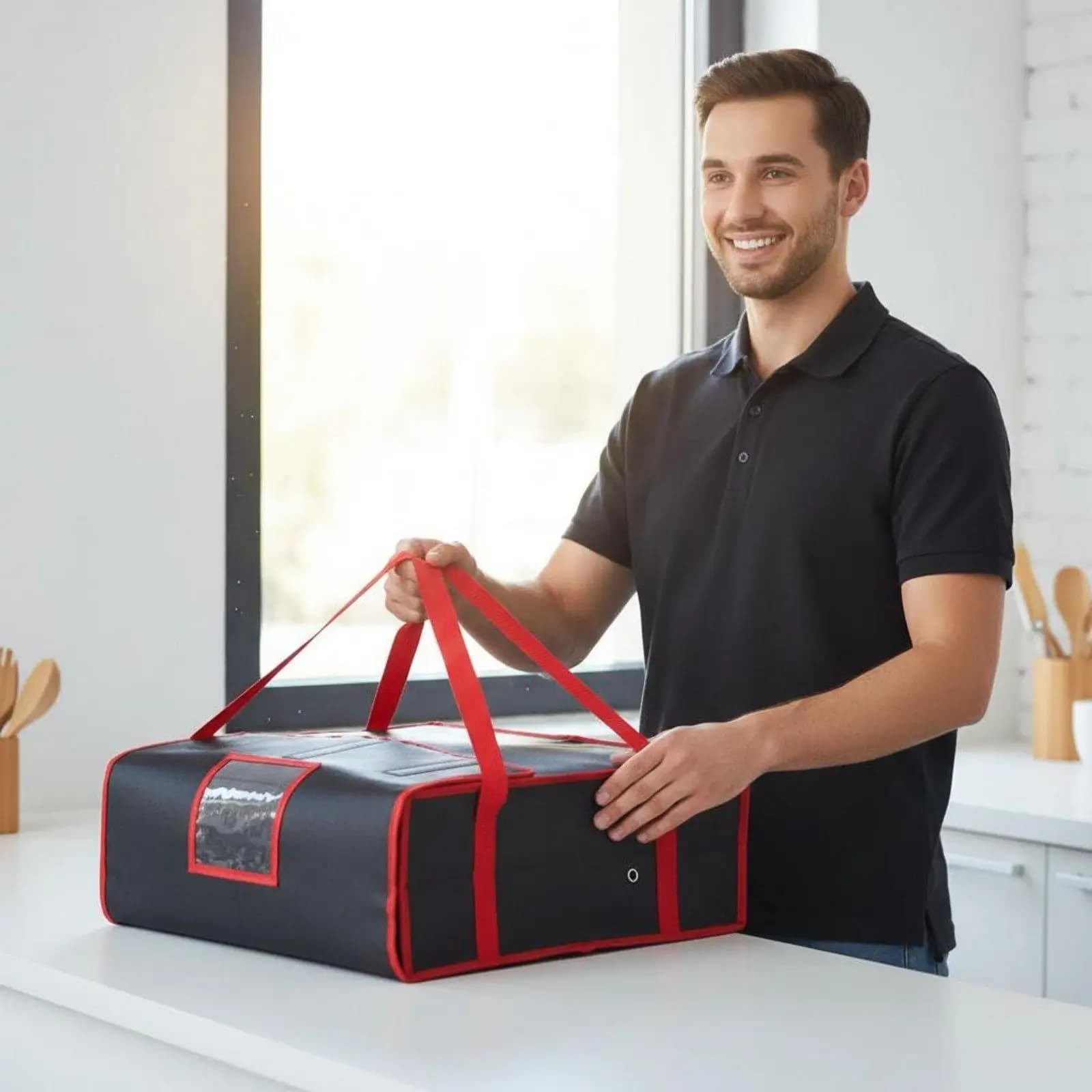 Insulated Pizza Conveyance Bag Portable Meal Carrier Bag Clear Order Window Food Delivery container for Caterers, Catering,