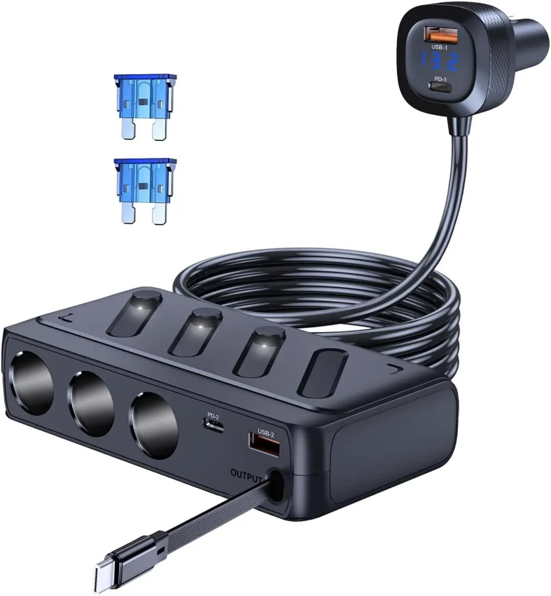 Caricatore Auto con 3 Prese e 5 USB, Cavo PD Retrattile da 45W, Monitor LED di Tensione per Veicoli/Camper/Camion