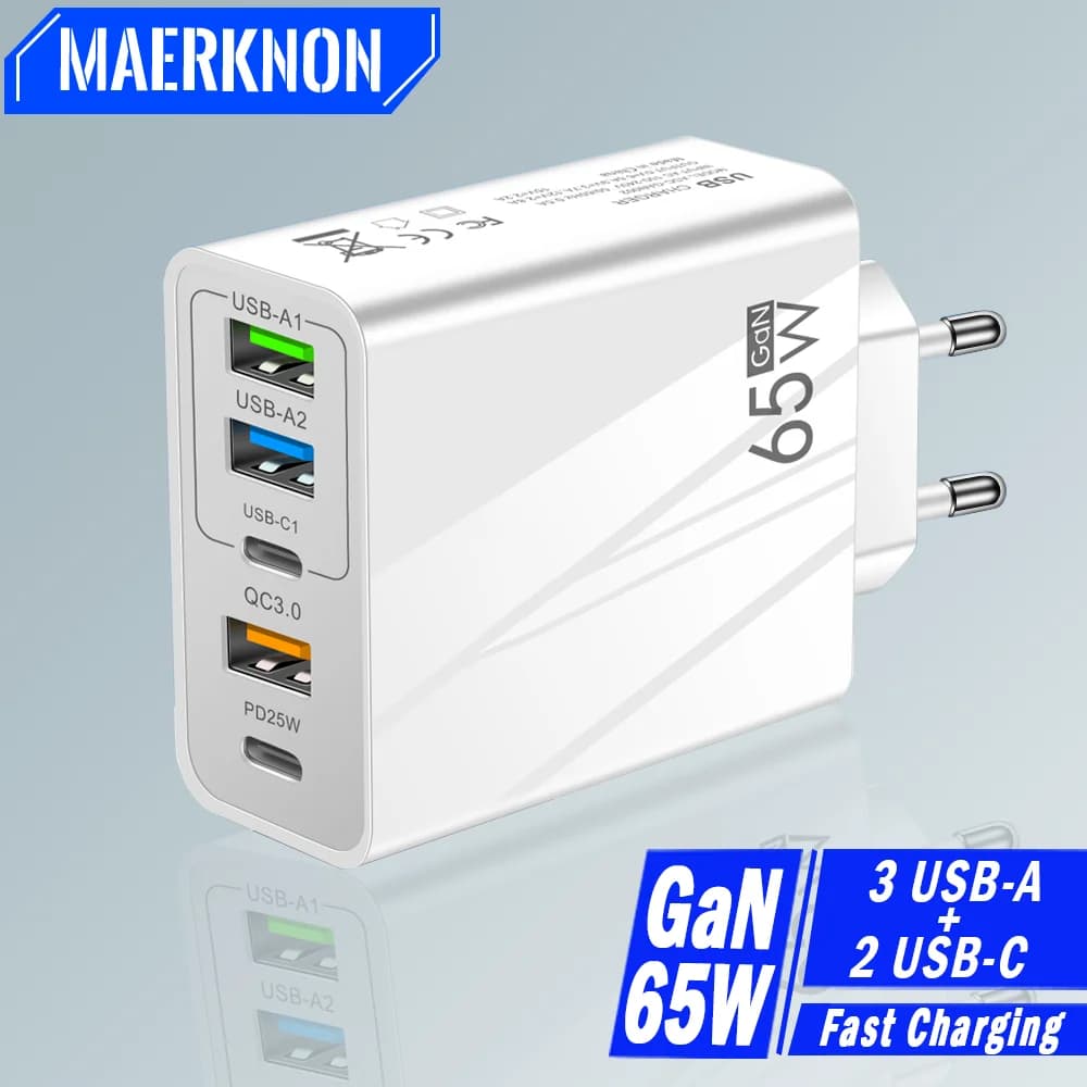 Caricabatterie USB GaN da 65W PD adattatore per telefono cellulare di tipo C a ricarica rapida per iPhone 15 caricatore da muro con spina Huawei Quick Charge 3.0 EU/US