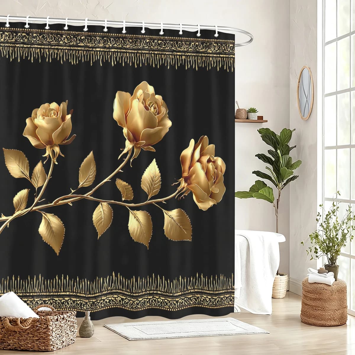 Tenda da Doccia in Poliestere con Motivo a Rose Dorate - Elegante Tenda da Bagno Floreale, Decorazione Stilosa per Casa e Hotel