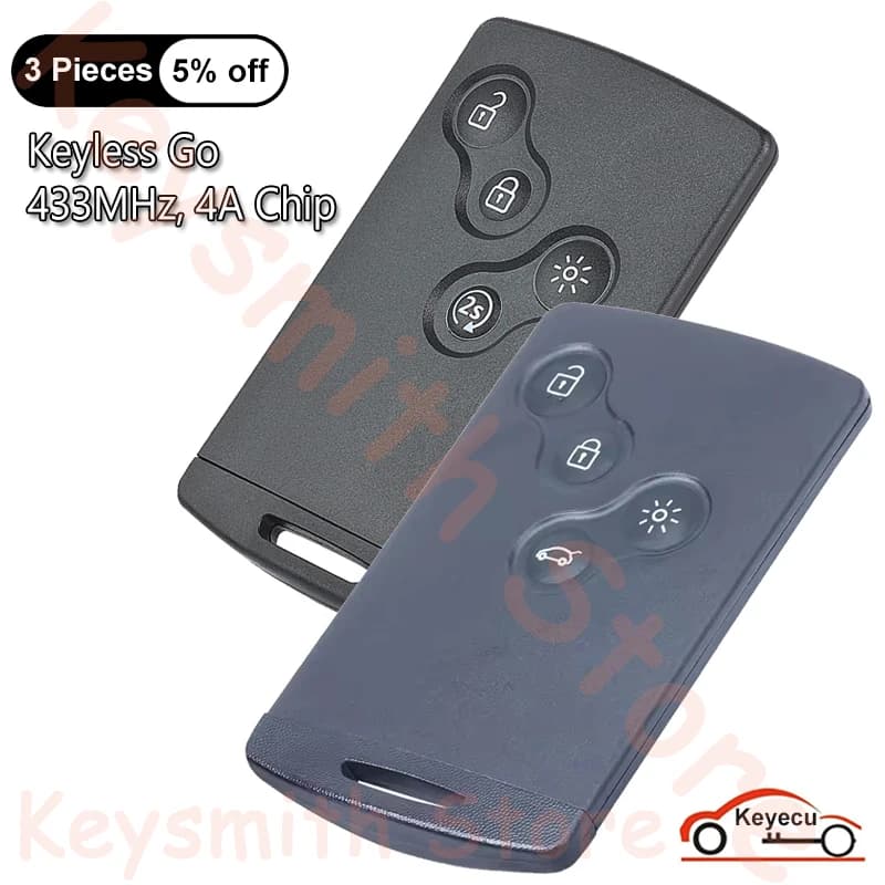 KEYECU Telecomando Smart Card 4 Pulsanti 433MHz con Chip 4A per Renault Clio IV 4 Captur 2009-2020, Sistema Keyless Go Handsfree