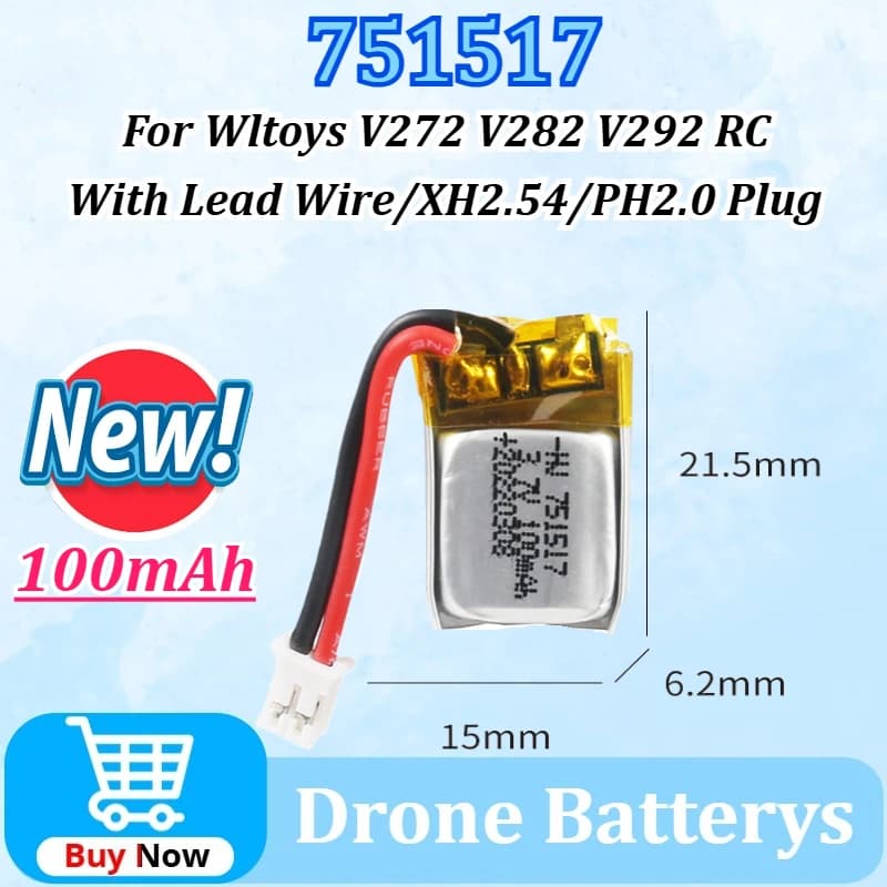 751517 3.7V 100mAh XH2.54/PH2.0 Spina Lipo Drone Batteria per Wltoys V272 V282 V292 RC Quadcopter Drone Elicottero di Controllo Remoto