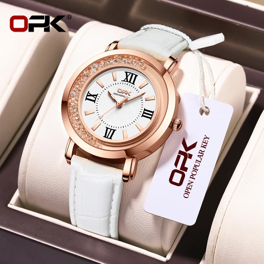 OPK 8611 Women's Watch Simple Fashion Quartz Watch Leather Strap Diamond Bezel Luminous Watch Waterproof for Women Original
