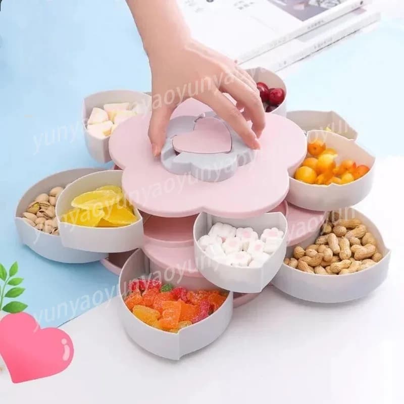 Scatola Girevole a 2 Livelli per Caramelle a Petalo, Vassoio in Plastica per Snack, Contenitore per Noci, Piatto Rotante per Frutta Secca, Regalo di Nozze, Organizer Domestico