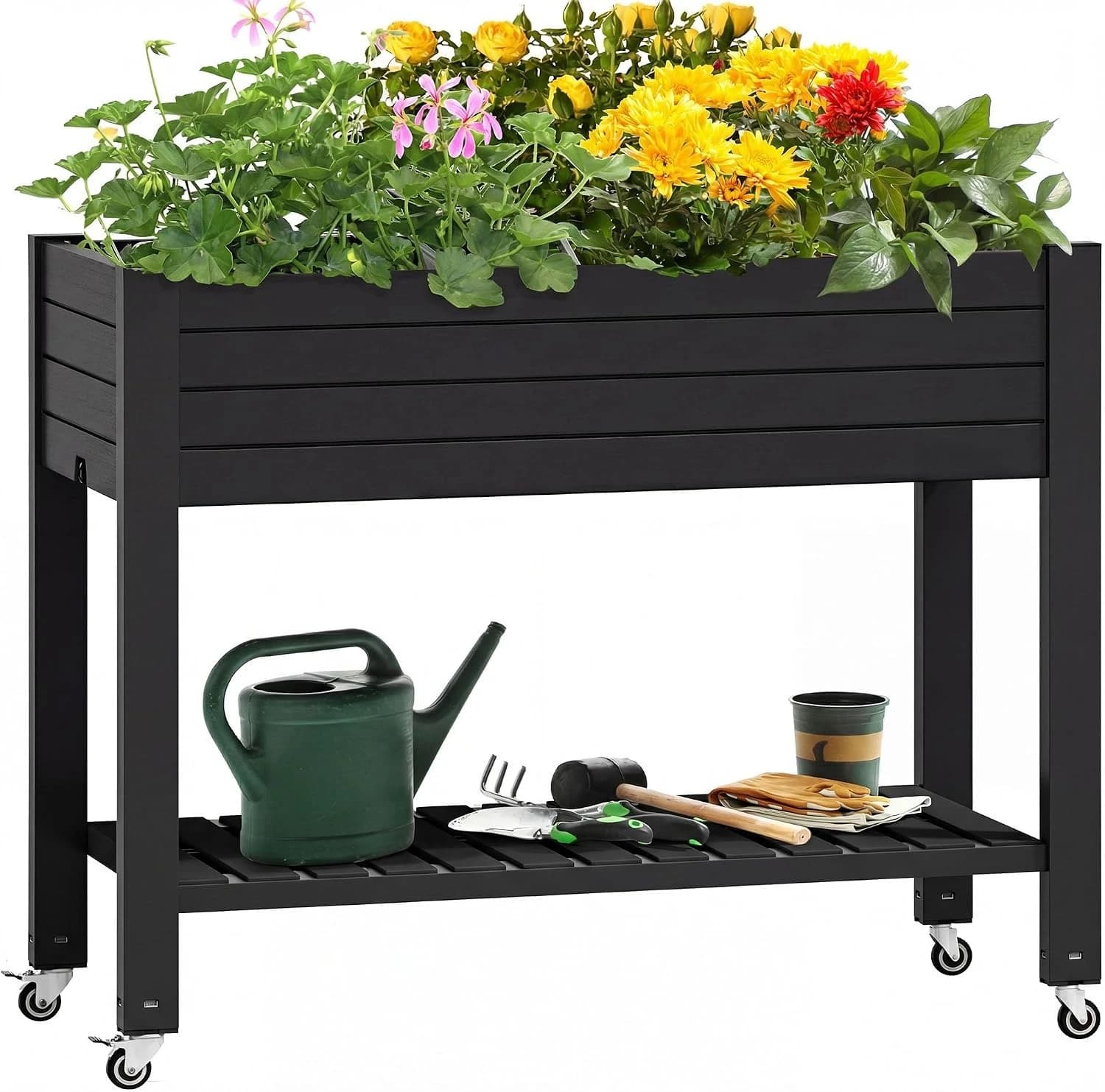 Black Elevated Resin Planter Box Stand with Legs, Wheels, Drain Plug and Storage Shelf, 3.6x1.5x2.8 FT Raised Garden Bed Kit for Vegetables Fruits Plants Outdoor