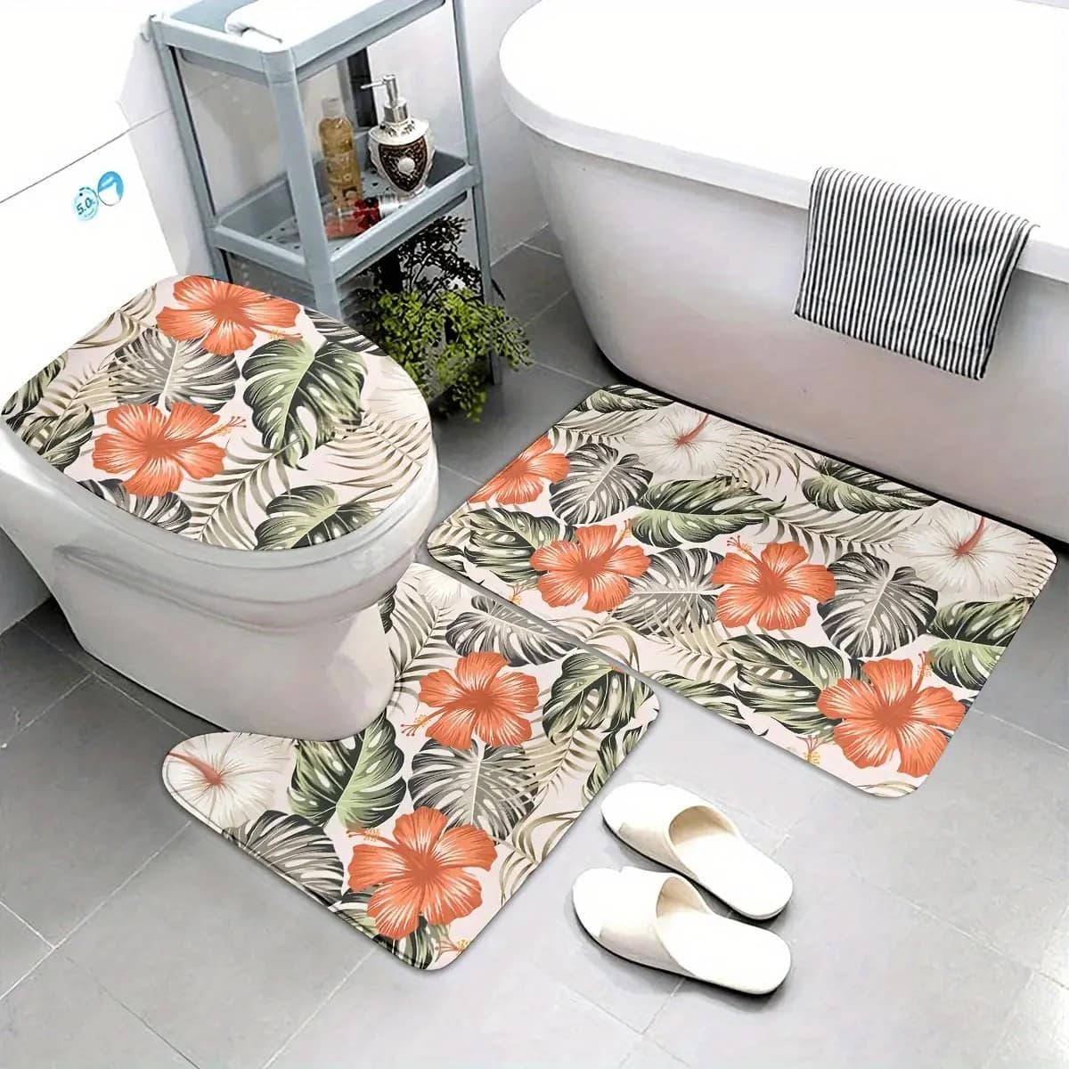 Set di tappetini da bagno con foglie tropicali da 1 pezzo - Lavabile in lavatrice per l'arredamento del bagno - Tappetini da bagno, tappetini a forma di U e tappetini per sedili WC