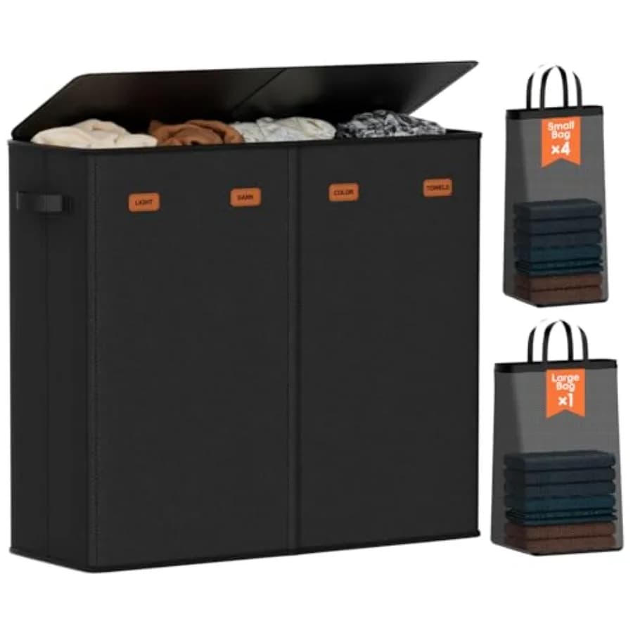 Cesto Portabiancheria a 4 Scomparti con Coperchio, Cesto per la Raccolta della Biancheria da 185L con 4 Sacchi Rimovibili + 1 Sacco Extra Large, Scomparti 3/4 Intercambiabili, L