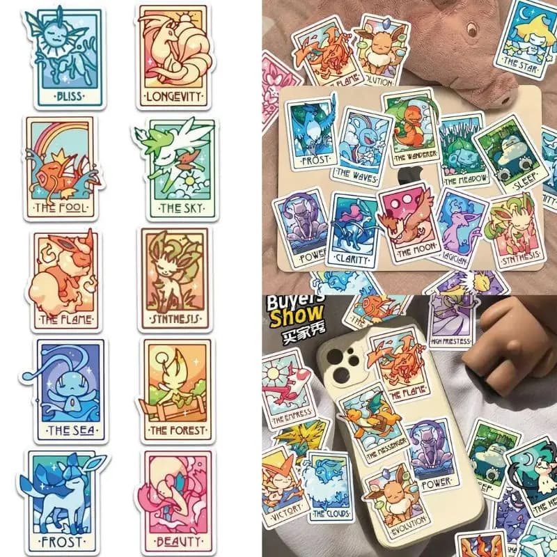 90Pcs/pack Pokemon Eevee Pikachu Tarot Card Stickers Anime Cartoon Vinyl Decals for Journal Laptop Water Bottle Decor Stickers
