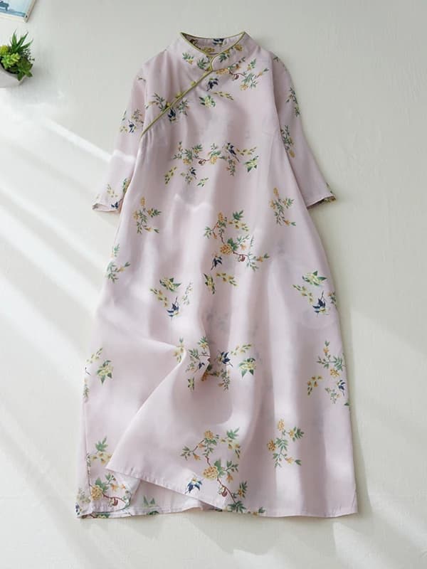 Retro High-End Flax Dress Cotton Linen Women Summer plus Size Stand Collar Floral Print Gown Artistic Loose Waist